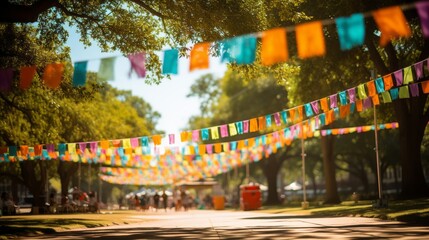 Vibrant festival decorations with colorful flags