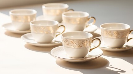 Elegant tea setting with white porcelain cups lined up