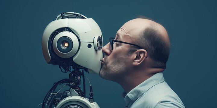 Woman kissing a robot. AI girlfriend concept for the love of artificial intelligence and machine learning