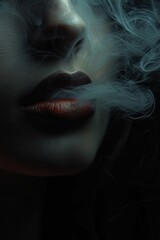 Closeup photograph of woman's lips blowing smoke