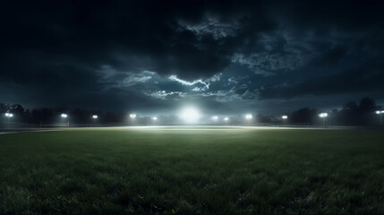 Naklejka na ściany i meble Nighttime football field basking in the glow of high beam lights