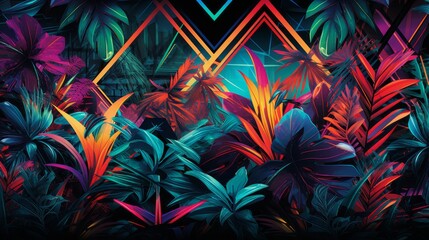 Electric neon geometry contrasting with dark tropical foliage