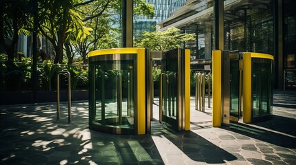 Fototapeta na wymiar Modern access control with yellow gates in a lush green business district