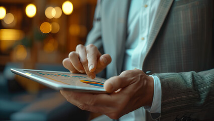 Businessman using a tablet in hand with analyzing financial statistics displayed on the tablet screen