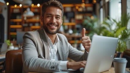 Obraz premium Businessman using laptop with thumbs up in the office