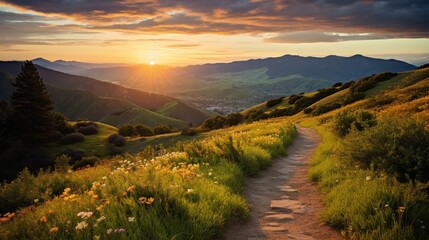 Epic pathway leading through verdant hills under a radiant sunset