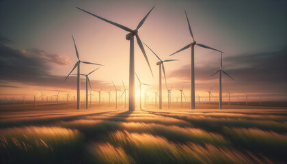 Golden hour at wind turbines in vast open plain, showcasing clean energy and environmental harmony.