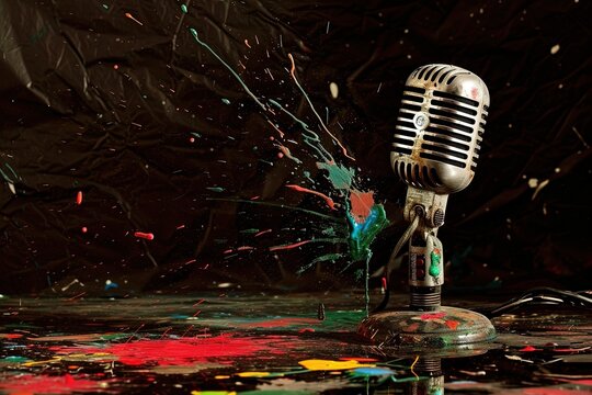 Microphone splattered with colors on solid black background