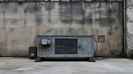 Heavy-duty electricity generator stationed next to a concrete wall - obrazy, fototapety, plakaty
