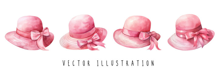 Collection set of watercolor fashionable pink women's hats vector illustration isolated on a white background. Isolated vector illustration of a woman's hat