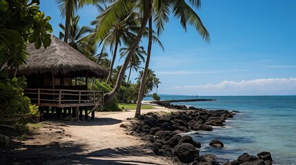 Fototapeta premium Serene beachfront with a quaint hut amidst swaying coconut palms