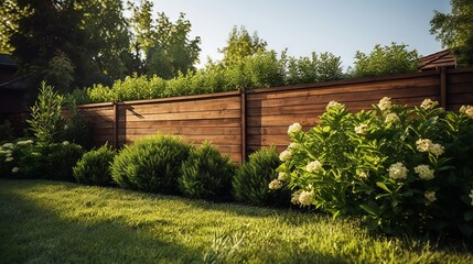Wooden fence with lush greenery and trimmed grass