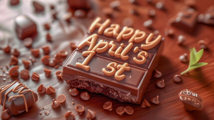 A delicious looking chocolate bar surrounded by crumbs over a table backdrop with a text message as a frosting "Happy April's 1st" 