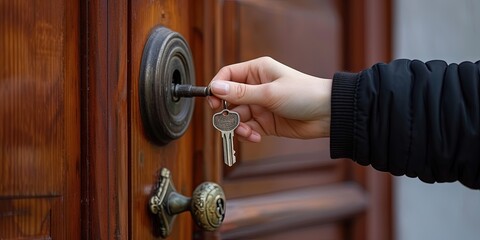 Putting a key in a door lock to unlock the door