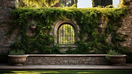 Garden wall with hanging vines and a vibrant lawn - obrazy, fototapety, plakaty