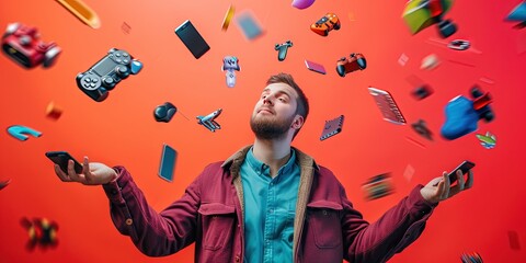 Juggling smartphones in our hyper connected society. Colorful background for marketing and  ad copy