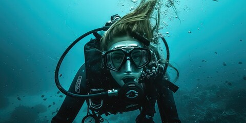 Woman scuba diver underwater with mask and oxygen tank exploring the ocean depths