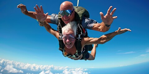 Elderly mature couple (man and woman) skydiving in the air