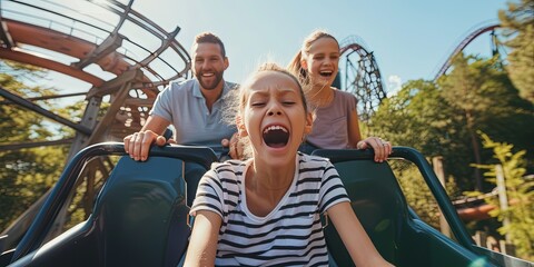Family enjoying the thrill of a rollercoaster ride at an amusement park