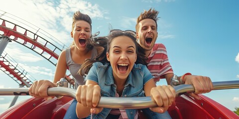 Family enjoying the thrill of a rollercoaster ride at an amusement park - obrazy, fototapety, plakaty