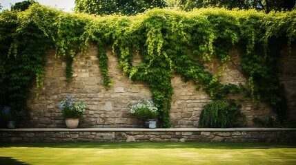 Garden wall with hanging vines and a vibrant lawn