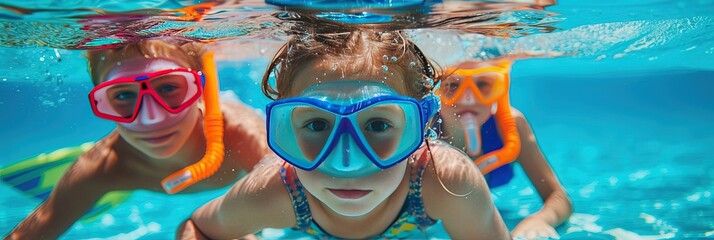 Children wearing snorkels and goggles while swimming underwater - obrazy, fototapety, plakaty