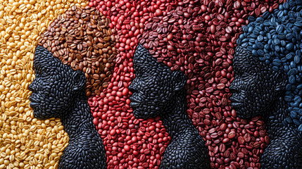 Graceful traditional African women with turban made out of coffee beans of different varieties - Honoring the deep roots of history about coffee import and its workers