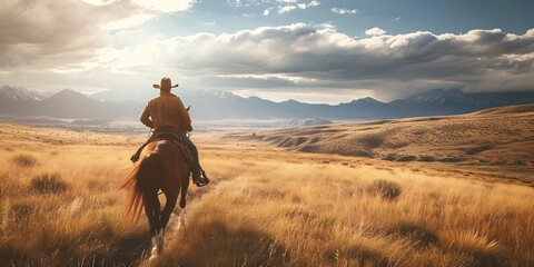 Cowboy riding a horse in the backcountry landscape with plenty of natural copy space - obrazy, fototapety, plakaty
