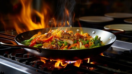 Culinary action shot with flames engulfing a stir-fry pan
