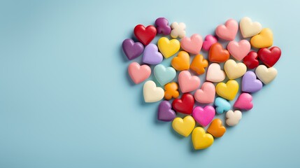 Cascade of multicolored heart candies on a pastel backdrop
