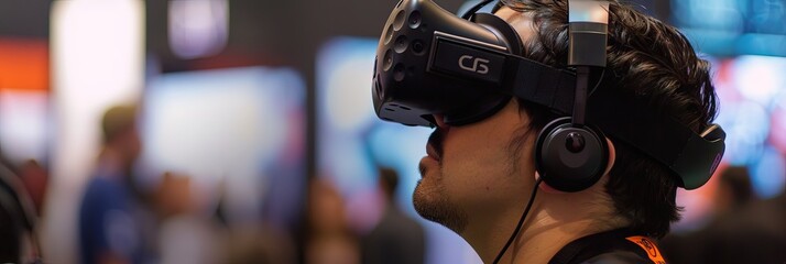 Man wearing virtual reality headset at tech conference