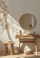 beige wooden vanity with round mirror near wall