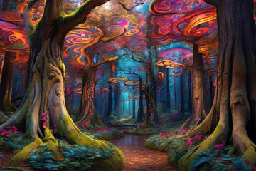 Enchanting forest. Vibrant trees with swirling patterns. Explore nature's magic in this captivating stock photo. Perfect for mystical themes. 