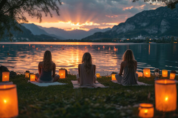 women meditate by a lakeside at sunset surrounded by candles, mountains in the background reflected on the water.