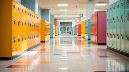 Polished school corridor with vibrant lockers and educational posters