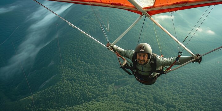 Hang gliding on paraglider in the air for extreme sports and adventure travel