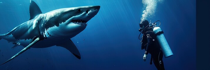 Scuba diver exploring underneath the ocean with great white shark ready to attack - obrazy, fototapety, plakaty