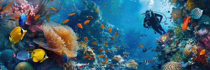 Fototapeta na wymiar Scuba diver exploring underneath the ocean with tropical fish