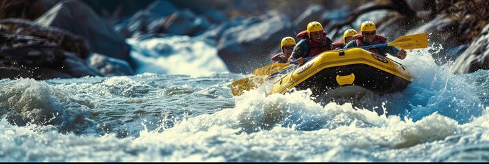 White water rafting down the river rapids - obrazy, fototapety, plakaty