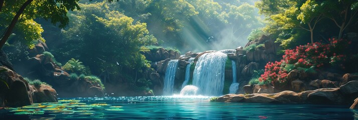 Exotic tropical waterfall landscape with flowing water - Powered by Adobe