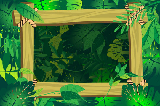 Wooden frame decorated with vector tropical foliage