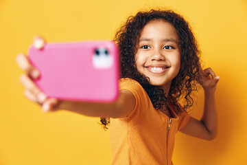 Woman children phone beautiful little technology background girl young smartphone kid girl female...