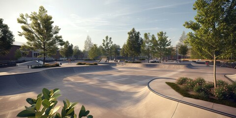 Skate park concept with plenty of rails, ramps, and obstacles to perform tricks on a skateboard - obrazy, fototapety, plakaty