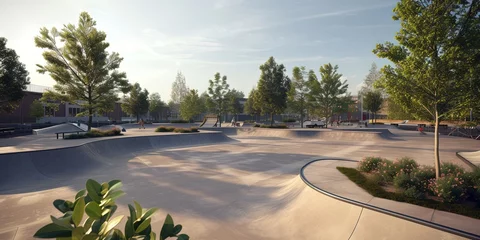 Poster Skate park concept with plenty of rails, ramps, and obstacles to perform tricks on a skateboard © Brian