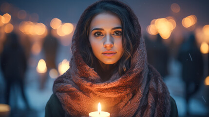 Woman wearing a scarf and holding a candle: a gesture of remembrance for the victims of violence and terrorism