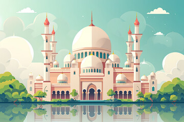 A Ramadan Kareem background designed in a flat style.  The vibrant colors and intricate patterns on the background reflect the spirit of unity, peace, and reflection during the holy month of Ramadan.
