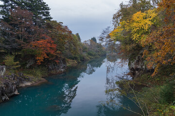 Fototapeta na wymiar 日本　岩手県一関市を流れる磐井川の渓谷、厳美渓と紅葉した木々