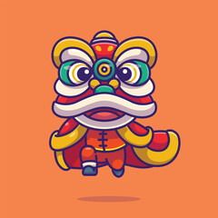 Fototapeta premium Cute green lion dance cartoon vector illustration chinese lunar new year concept icon isolated