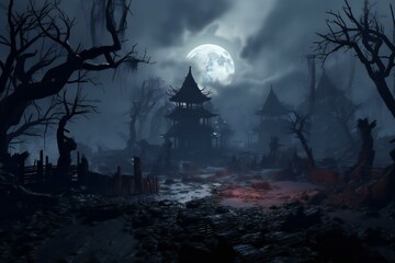 Halloween night scene with full moon in the dark forest