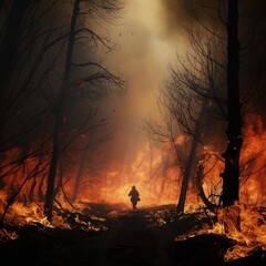 A forest in flames. Wildfire, forest fire. Climate change and global warming